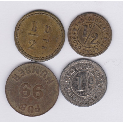 156 - Tokens 1/2d J. Ward, Collets Bridge (Brass), 1/2d Old Hamlind Co-op (Brass), Pun '99' Pub Token (Cop... 