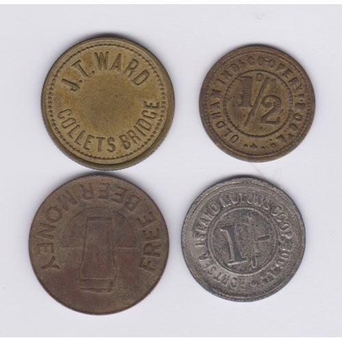 156 - Tokens 1/2d J. Ward, Collets Bridge (Brass), 1/2d Old Hamlind Co-op (Brass), Pun '99' Pub Token (Cop... 