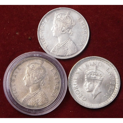 159 - India Silver Rupees, 1887, GVF, 1901 GEF 1942 GEF (3)