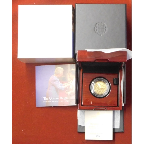 19 - Gold 2022 United Kingdom Queen's Honours and Investitures quarter ounce proof coin, Royal Mint and c... 