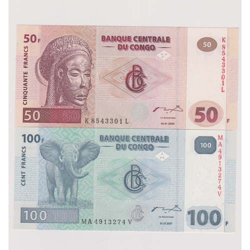 252 - Congo (Democratic), 2000 50 francs and 2007 100 francs AUNC (2)