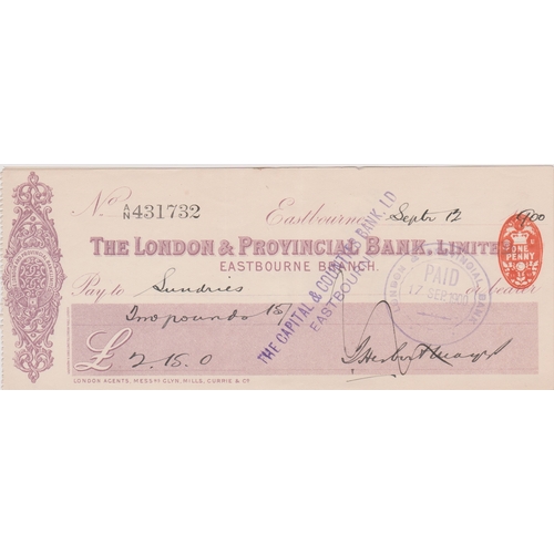 444 - London & Provincial Bank Ltd., Eastbourne Branch, used bearer RO 5.11.97, plum on white, printer Wat... 