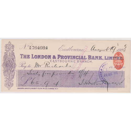 445 - London & Provincial Bank Ltd., Eastbourne Branch, used bearer RO 28.11.02, purple on white, printer ... 