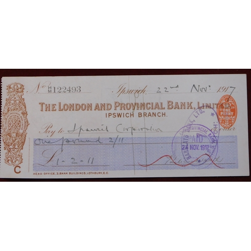 447 - London & Provincial Bank Ltd, Ipswich, used order RO 16.5.17 brown on white blue panel printer Water... 