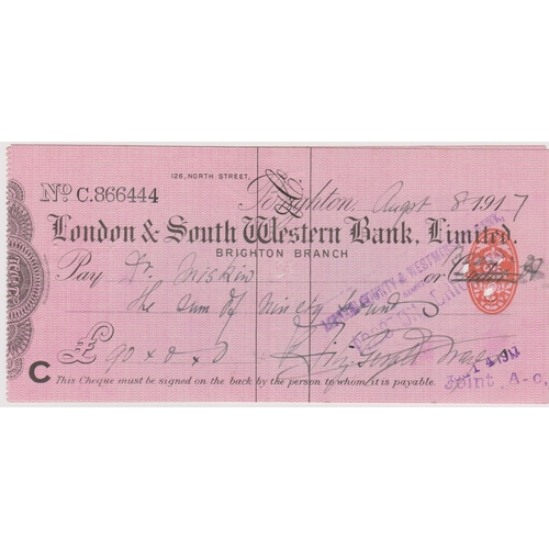 451 - London & South Western Bank Limited Brighton Branch, used order RO 9.9.16, black on pink, printer Bl... 