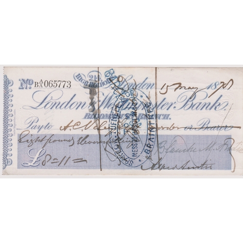 453 - London & Westminster Bank 214 High Holborn (Bloomsbury Branch), used bearer CO24.4.77, purple on whi... 