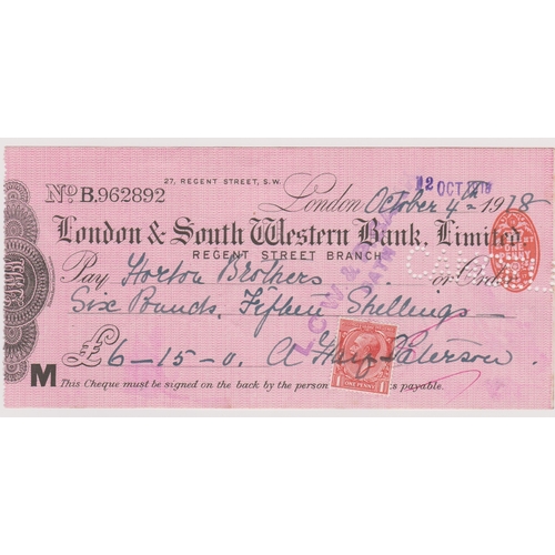 456 - London & South Western Bank Limited Regent Street Branch, used order RO 18.4.17, black on pink, plus... 