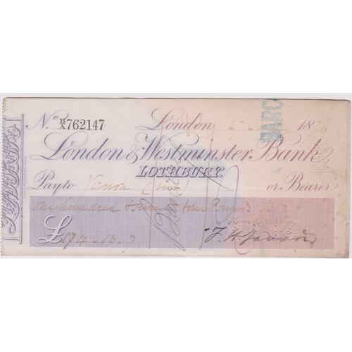 457 - London & Westminster Bank Lothbury, used bearer CO 26.1.74, purple on white, printer Charles Skipper... 
