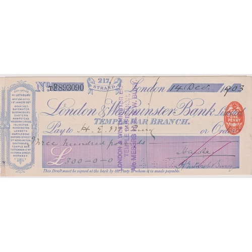 461 - London & Westminster Bank Ltd., (Temple Bar Branch) 217 Strand, used order RO 29.11.97, purple on wh... 