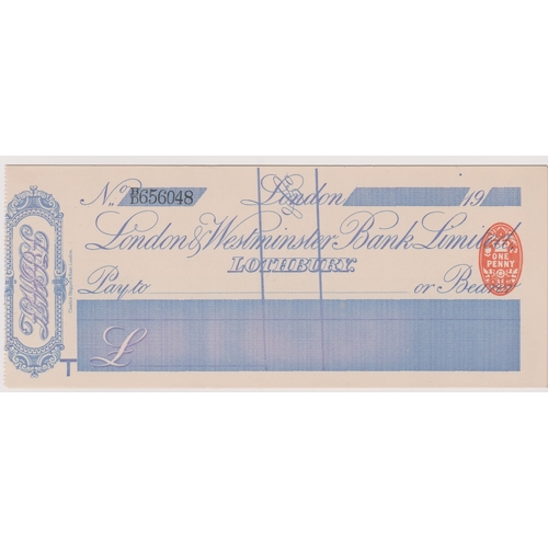 464 - London & Westminster Bank Limited Lothbury, mint bearer no C/F RO 4.9.07, blue on white, printer Cha... 