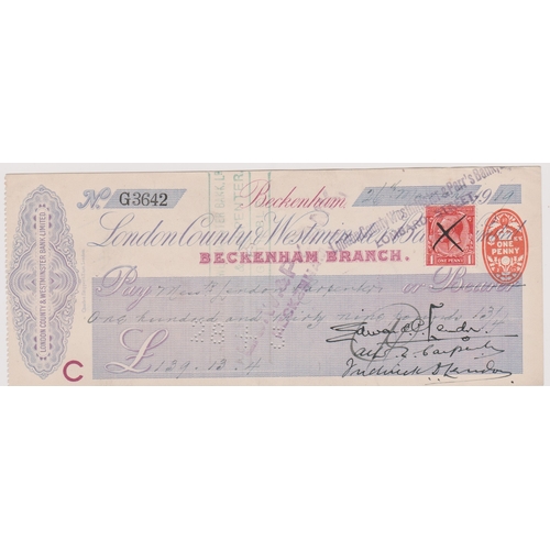 465 - London County & Westminster Ltd., Beckenham Branch, used bearer RO 27.2.17, plus adhesive stamp, plu... 