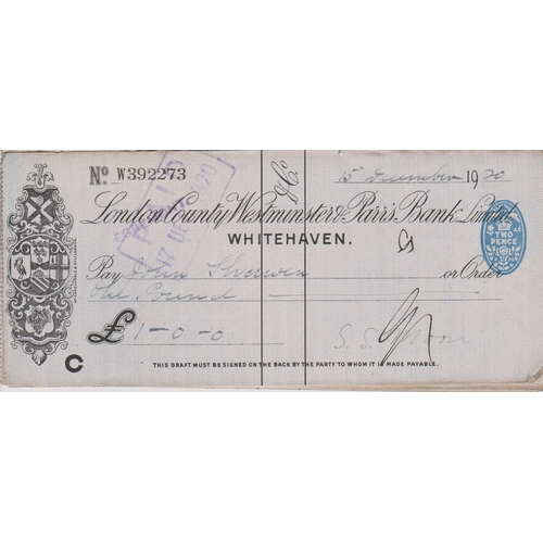 466 - London County Westminster & Parrs Bank Ltd., Whitehaven, used order BO 27.4.20, black on blue UNPT, ... 
