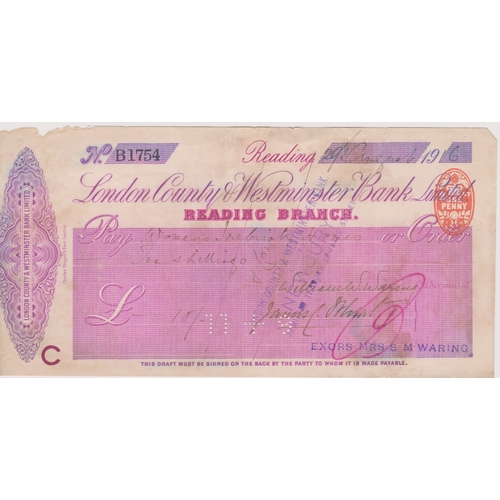 480 - London & Westminster Bank Ltd., Reading Branch, used order RO 1.7.15, plum on white, (Large Format) ... 