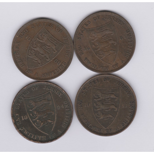 65 - Jersey 1/12th of a Shilling, 1881,1888,1894 and 1911. VF to GVF (4)