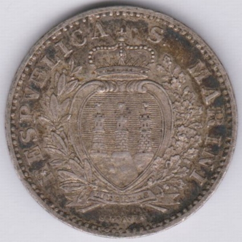 71 - San Marino 1898E 1 Lire, Silver, KM4, EF