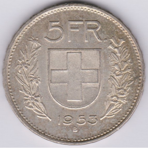 74 - Switzerland 5 Francs, 1953B, Silver, KM40, EF