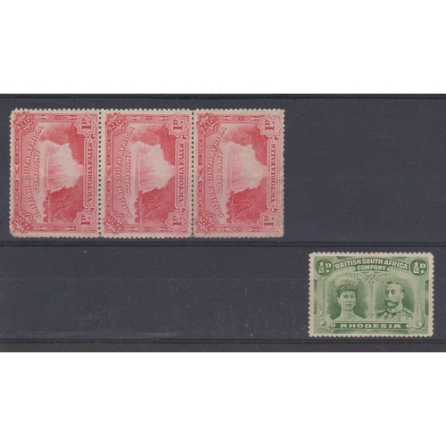 748 - British South Africa Co. 1905 visit of British association SG 94 m/m 1d red strip of 3, 1910 postage... 