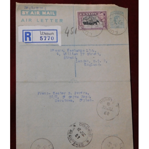 760 - Ceylon 1957 pre-paid 20c Air Letter posted registered to London cancelled 12.6.57 Lunawa on 20c post... 