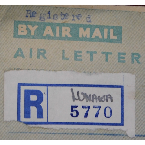 760 - Ceylon 1957 pre-paid 20c Air Letter posted registered to London cancelled 12.6.57 Lunawa on 20c post... 