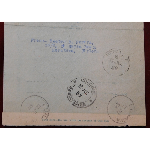 760 - Ceylon 1957 pre-paid 20c Air Letter posted registered to London cancelled 12.6.57 Lunawa on 20c post... 