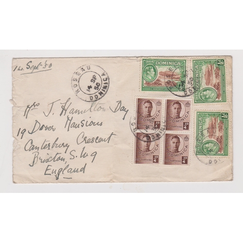 786 - Dominica 1950 envelope posted to London, cancelled 14.9.50 Roseau Dominica on 3x SG99 1/2d stamps an... 