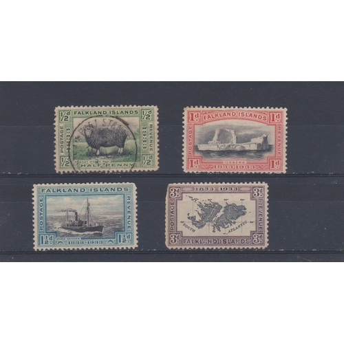 792 - Falkland Islands 1933 British Admin Centenary SG 127 used 1/2d, SG 128-129 m/m and 131 m/m. Cat £66+