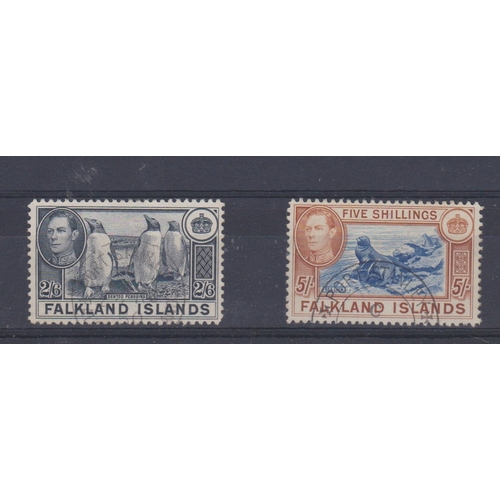 793 - Falkland Islands 1938-50 George VI SG 160 used 2s6d and 161 used 5s. Cat value £116