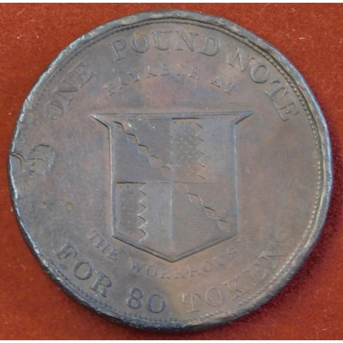 90 - Warwickshire (Birmingham) 1813 Three pence, Work House rev shield/one pound note for (80) tokens AVF