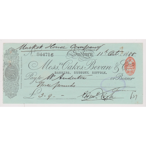 269 - Oakes, Bevan & Co., Sudbury Branch, Suffolk, 1887 used cheque order, black on green, Vig-monogram at... 