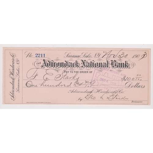 285 - USA Adirondack National Bank, Saranac Lake N.Y, used order 30th Nov 1903, black on pink, printer Ben... 