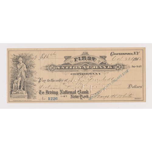 293 - USA First National Bank Cooperstown N.Y. used order 23 Octr 1912, black on cream, Vig Leatherstockin... 