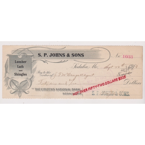 296 - USA The Citizens National Bank, Sedalia Mo, used order Sept 1913, Oct 9th 1913, S.P. Johns & Sons Lu... 