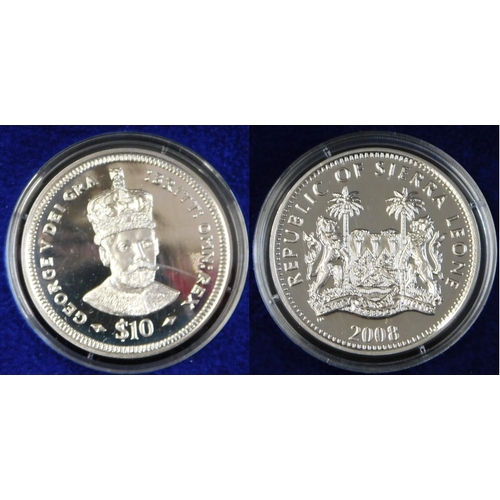 168 - 2008 King George V silver proof Crown with diamond coin, Sierra Leone ten dollar, London mint box an... 