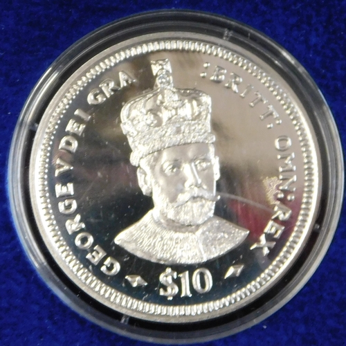 168 - 2008 King George V silver proof Crown with diamond coin, Sierra Leone ten dollar, London mint box an... 