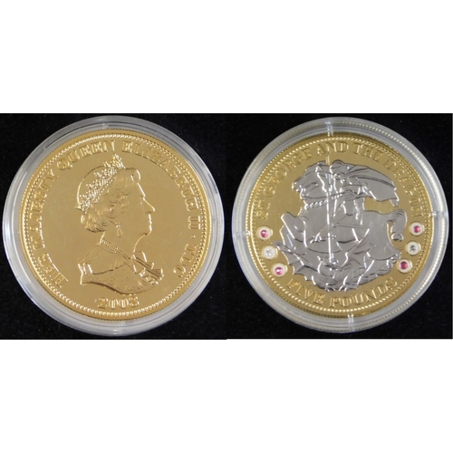 169 - 2008 Tristian Da Cunha five pound coin, Rhodium plated, gold plated on silver with St George and the... 