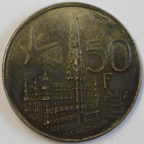 47 - Belgium 1958 50 Francs, Silver, Worlds Fair KM 159, UNC