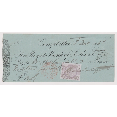 377 - Royal Bank of Scotland, Campbeltown, used bearer Victoria Ad Inland Rev. 8 Dec 1863, black on green,... 