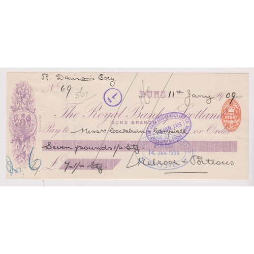 378 - Royal Bank of Scotland, Duns, used order RO 20.11.07, purple on white. Printer Banks & Co V-Arms