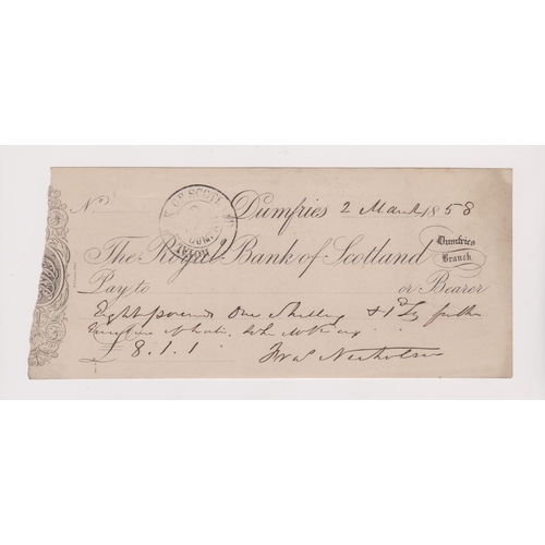 379 - Royal Bank of Scotland, Dumfries, used bearer 1858, black on cream, printer W.H.Lizars, V-Initials