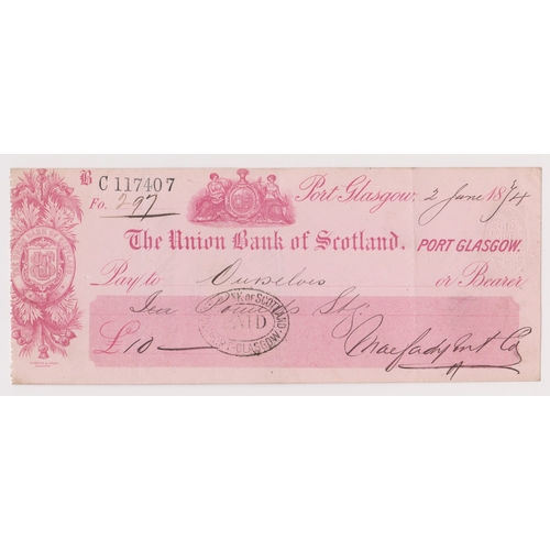 385 - Union Bank of Scotland, Port Glasgow, used bearer CO 26.12.73, red on pink Vig Arms printer Gilmour ... 