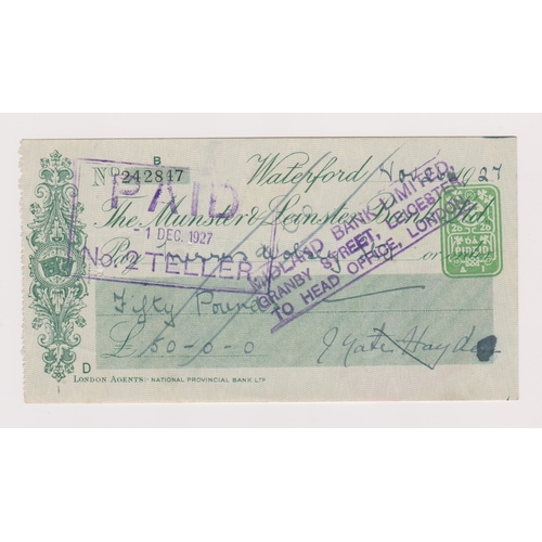 390 - Munster & Leinster Bank Ltd, Waterford, used order GO 14.10.27 green on green, printer Purcell, Cork