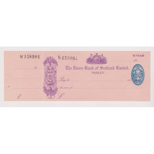 394 - Union Bank of Scotland, Paisley, mint order with C/F BO 26.3.46 purple on pink Vig Initials in Arms,... 