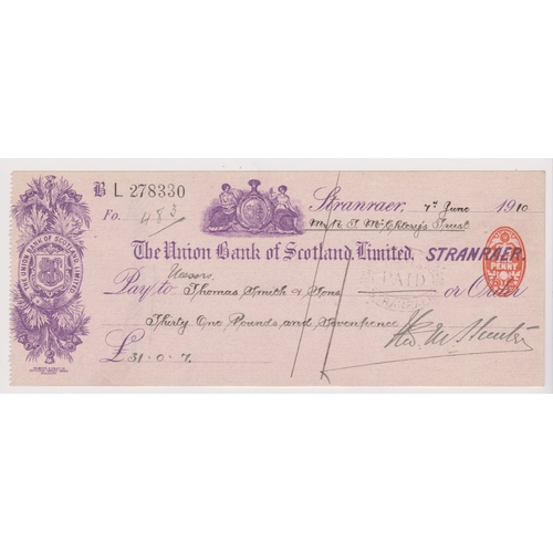 395 - Union Bank of Scotland Ltd, Stranraer, used order RO 12.4.09 Violet on pink printer Gilmour & Dean L... 