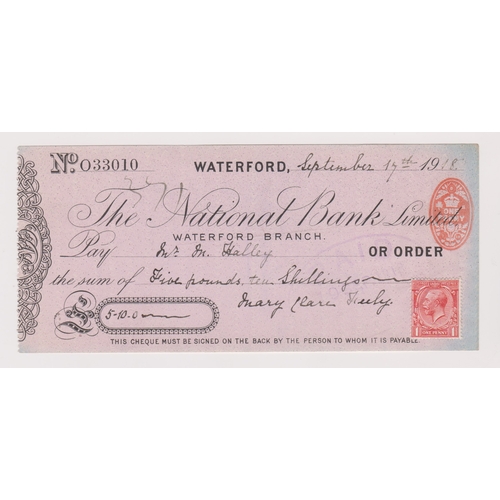 405 - The National Bank Limited, Waterford, used order RO 8.7.18 plus 1d adhesive black on lilac