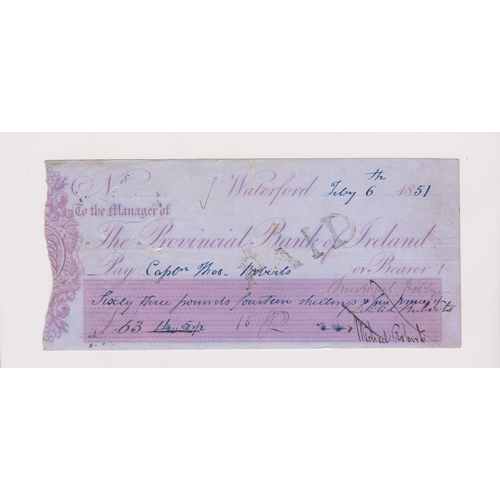 407 - The Provincial Bank of Ireland, Waterford, used bearer 1851 no duty stamp, lilac on blue printer Per... 