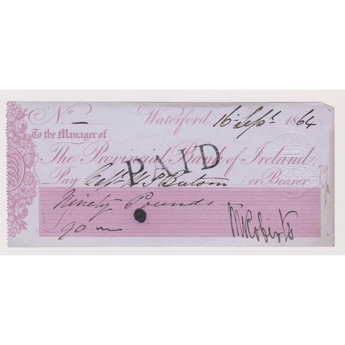 410 - The Provincial Bank of Ireland, Waterford, used bearer CO 21.4.64, lilac on blue, printer Perkins Ba... 