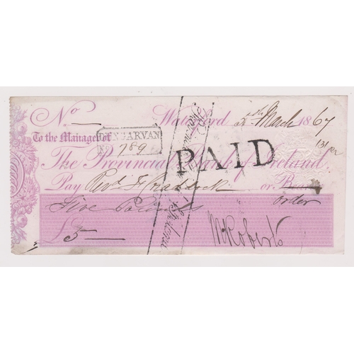 412 - The Provincial Bank of Ireland, Waterford, used bearer hand altered to order CO2.10.66, lilac on whi... 