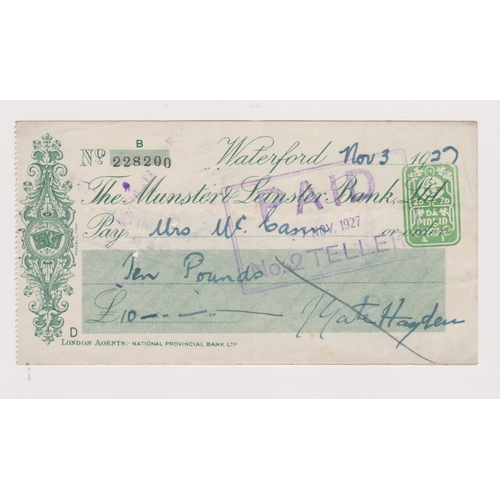 414 - Muster & Leinster Bank Ltd, Waterford, used order CO 14.5.27, green on white green panel printer Pur... 