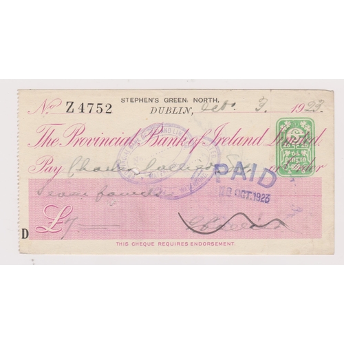 416 - The Provincial Bank of Ireland Ltd, Stephen's Green, North Dublin, used order CO.1.9.23 pink on whit... 