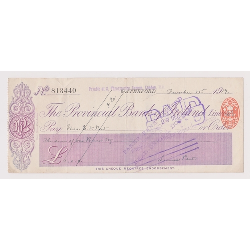 420 - The Provincial Bank of Ireland Ltd, Waterford. Used order RO 26.5.16 purple on white, printer Charle... 